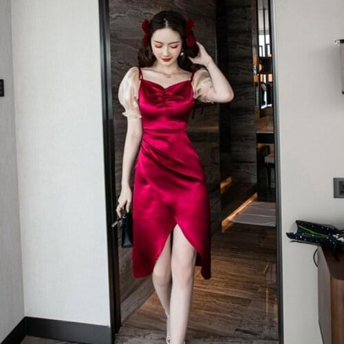 New Fashion Summer Midi Dress Ladies Elegant Sweet Vintage Sexy Square Collar Puff Sleeve Folds Satin Acetate Party Club Dress