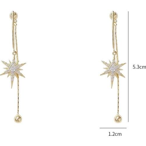 New fashion micro-inlaid zircon eight-pointed star earrings long asymmetrical tassel earrings Korean temperament earrings