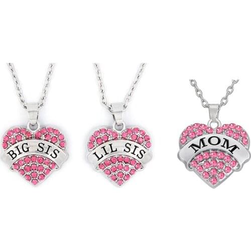 Pink Crystal Heart Big Sis Lil Sis Mom Family Sentiments Message Pendant Necklace for Mother Daughter Jewelry Love Family