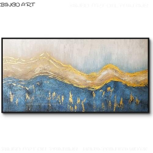 Gifted Artist Hand-painted High Quality Abstract Blue and White and Gold Oil Painting on Canvas Abstract Golden Oil Painting