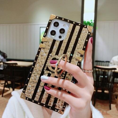 Luxury Square Bling Golden phantom Flower Ring buckle support Phone Case For iPhone 12 11 Pro cover