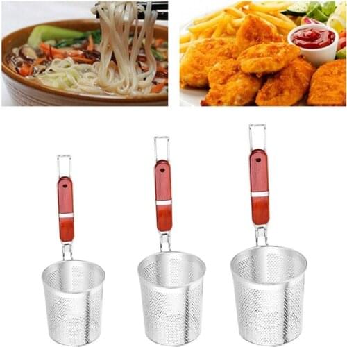 Stainless Steel Mesh Spider Strainer for Pasta Fine Sieve Mesh Strainer with Comfortable Wooden Handle Durable Quick