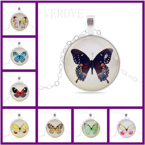 VERDVE Vintage Fine Jewelry Glass Cabochon Necklace&Pendant Butterfly Statement Chain Necklace Silver Color Jewelry Women