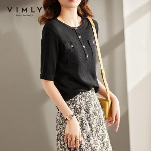 Vimly Women Sweater Early Autumn New O Neck Solid Half Sleeve Pockets Knitted Tops Elegant Clothes Outwear Female Sweaters F9303