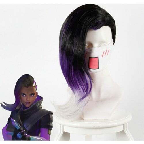 Sombra OW Game Heat Resistant Synthetic Hair Cosplay Accessories Prop Halloween Party Wig + Free Wig Cap