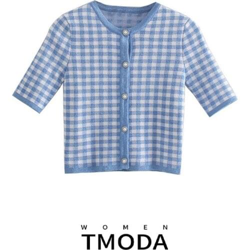 TMODA1393 Za 2021 Summer Women Sweet Cute Plaid Sweater T Shirt Girls Lady Knitted Crop Top Elegant Chic Female Knit Cardigan
