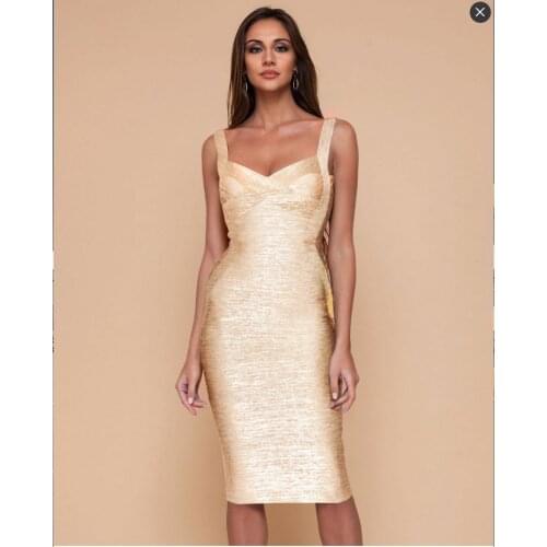 High Quality New Slip Gold Print Rayon Bandage Dress Foiling Sexy Celebrity Bodycon Cocktail Party Dress