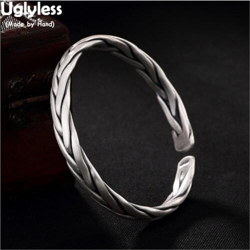 Uglyless Real S 999 Fine Silver Jewelry Handmade Weave Twisted Bangle Vintage Women Ethnic Statement Wide Bangles Hollow Bijoux