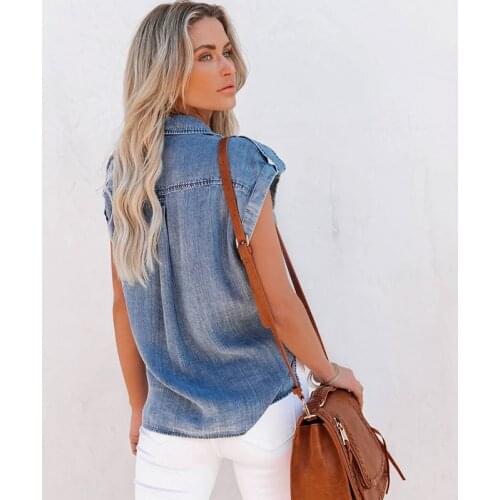 Jeans Summer Women T-Shirts Sleeveless Straight Pockets Loose Casual Style Washed Blue Denim Solid Color Female Blouse C2687