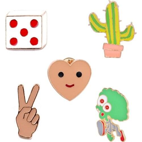 Simple Cartoon Brooches for Women Men Gesture Smile Dice Cactus Enamel Pins Collar Badge Brooch Decorations Child Student Gift