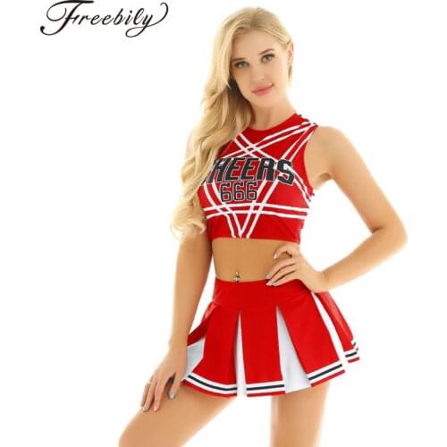 Women Adult Charming Cheerleader Uniform Cosplay Fancy Clubwear Costumes Pentagram Back Crop Top with Mini Pleated Skirt Set