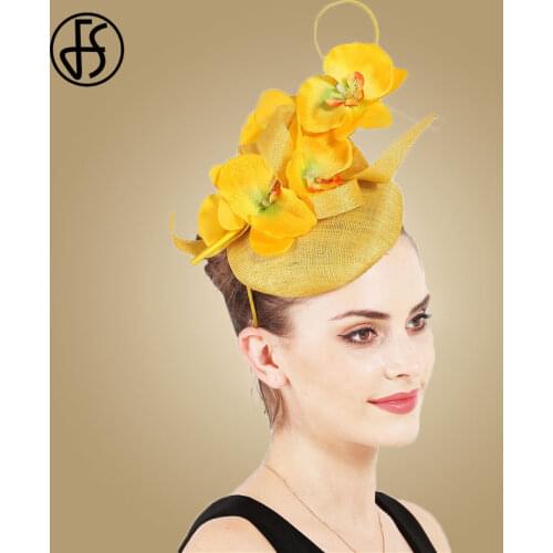 FS Sinamay Yellow Church Fascinator Hats Wedding Women Elegant Ladies White Bridal Headwear Derby Chapeau Femme Mariage