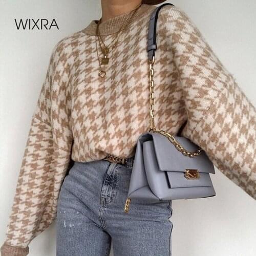 Wixra Houndstooth Knitted Sweater Autumn Winter Pullover Female New Fashion Trendy Tops Womens Retro Jumper