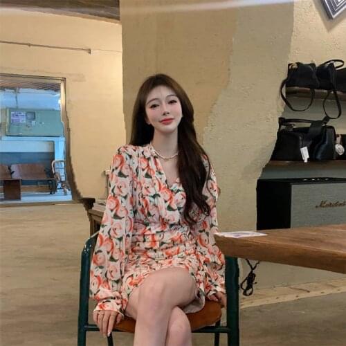 Ruffles Print Woman Dress V-neck Vintage Style Long Sleeve Summer Bodycon Dresses Fashion Korean Clothes Female New 2021