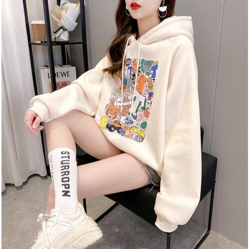 Winter Fleece Anime Hoodie Cartoon Print Sweatshirt Loose Aesthetic Blouses Clothes Plus Size Tops Women Ropa De Mujer 2021