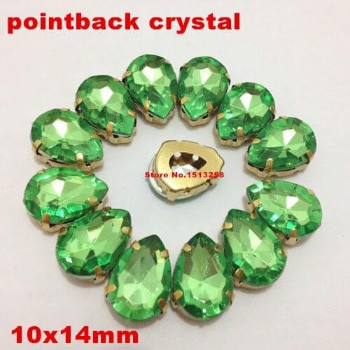 10x14mm Sew On Rhinestones Pear Stone Acrylic Fancy Stone In Plated Gold Claw Setting Sewing Beads Crystal Peidot color