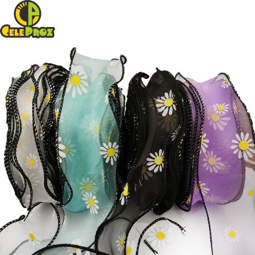 5.5cm 25Yards Daisy Organza Ribbon Black Sewing edgs Sash For DIY Handmade Sewing Craft Hair Ornament Silk Mesh Fabric Supplies