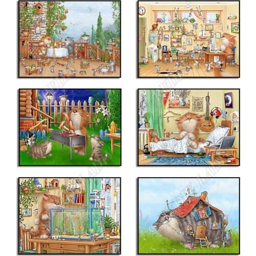 Diamond Painting Cartoon Cat DIY Full Square / Round Drill Diamond Embroidery Beaded Cross Stitch Wall Pixel Art Home Decoration