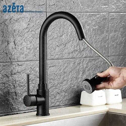 AZETA Pull Out Kitchen Faucet Black Brass Kitchen Mixer 2 Way Water Outlet Kitchen Tap 360 Rotate Kitchen Faucet TorneiraMK9924B