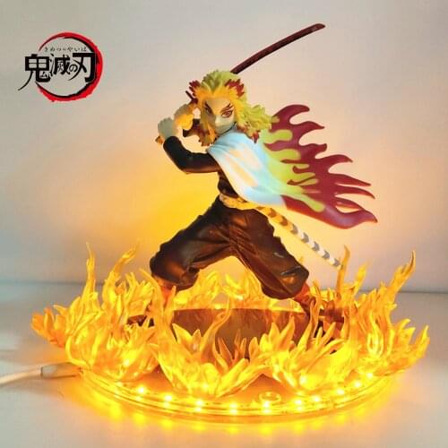 Demon Slayer Action Figures Rengoku Kyoujurou Fire Led Scene DIY PVC Anime Figure Toy 21cm Kimetsu no Yaiba Figurine Kids Doll