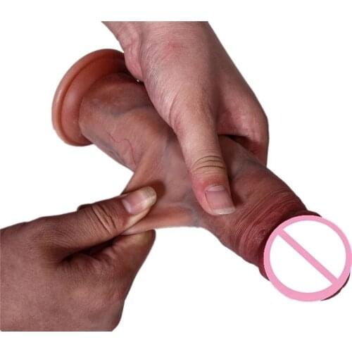 18.5*5CM Simulation Dildo G Spot Stimulate Realistic Sliding Foreskin Soft Silicone Penis Soft Huge Big Dick Suction Cup Sex Toy