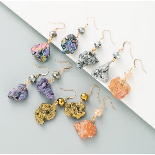 Faceted Glass Beaded Raw Crystal Druse Quartz Drop Earrings for Women Fashion Natural Druzy Stone Earrings Jewelry Wholesale