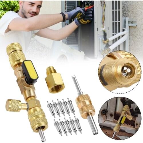 Valve Core Remover Installer HVAC Valve Core Removal Tool with Dual 1/4 and 5/16 Service Ports Fit for R404A R407C R134A R12 R32