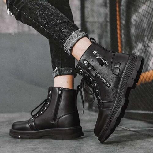 Lucyever Classic Black Motorcycle Boots 2021 Autumn Big Toe Lace-up Ankle Boots Thick Bottom Botas Mujer Work Shoes Men