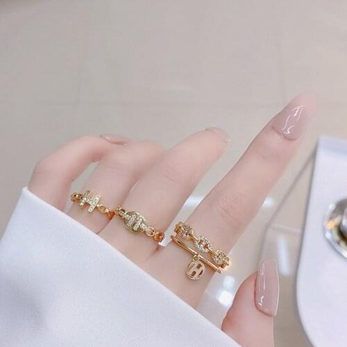 Copper With 14k Real Gold New H Letter SSS Advanced Shiny Zircon Party Ladies Open Ring Birthday Gift