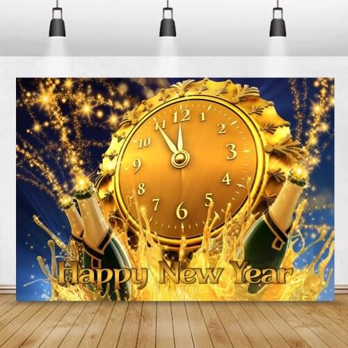 Laeacco Happy New Year Golden Clock Champagne Celebration Carnival Party Poster Customized Photo Backdrop Photography Background