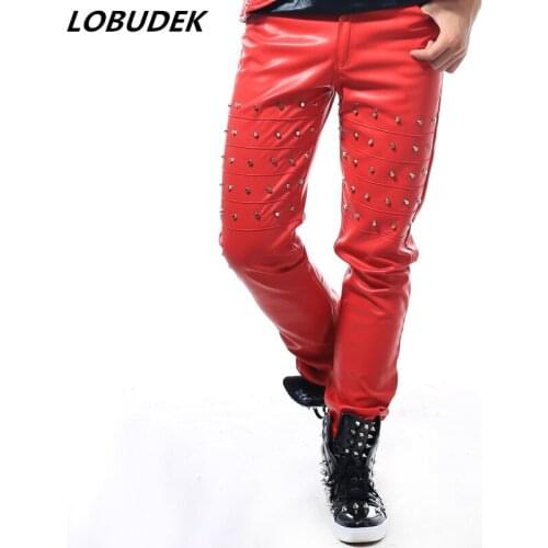 Male Punk Rivet Leather Pants Men Singer Nightclub Bar Rock HIP-HOP Stage Costume Tide Fashion Slim Casual PU leather Trousers