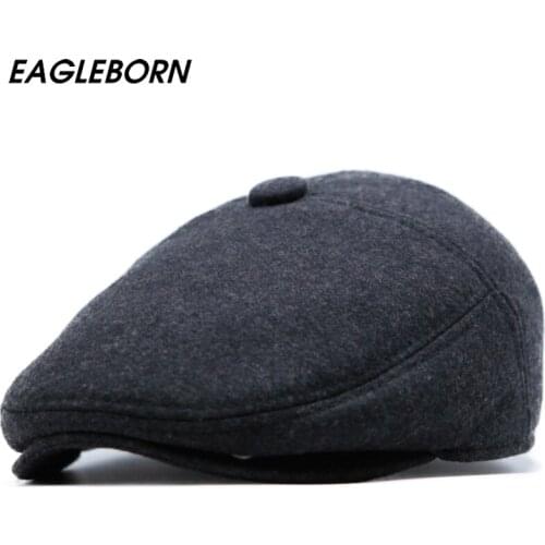 New Winter Men Hat Woolen Woolen Beret Dad Hat Senior Cap Ear Protection Warm Winter Hat Beret Dark Felt Cold Winter Solid Hats