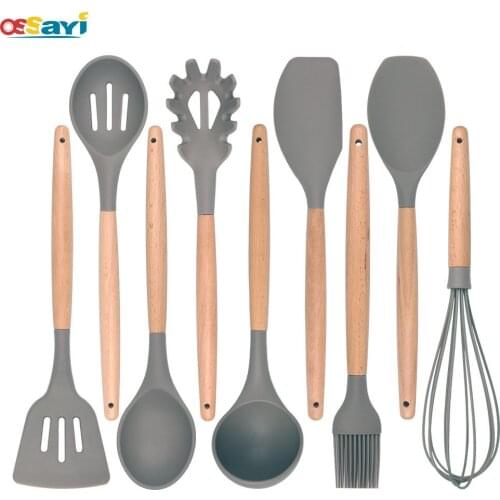 New Nonstick Kitchen Utensil Heat Resistant Wood Handle Cooking Utensil Set Silicone Spatula Turners Spoon Cookware Kitchenware