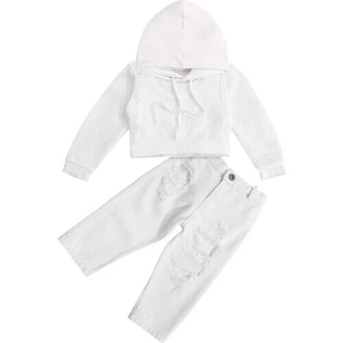 Infant Kids Baby Girl Solid Color Clothes Set, Long Sleeve Hollow Out Hooded Coat+Sleeveless O-neck Vest+Ripped Trousers 6M-4T