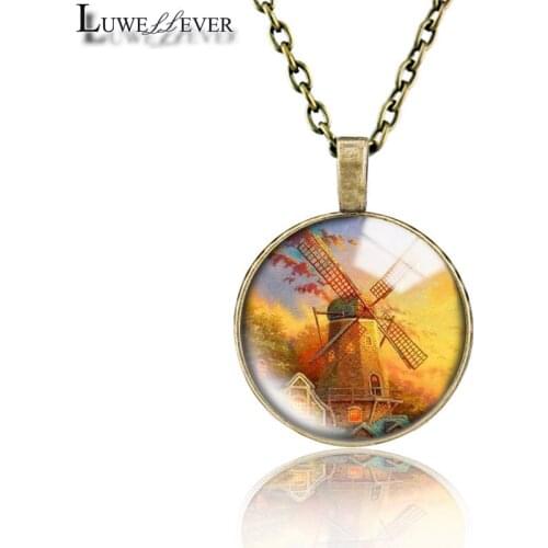 Windmill Necklace 678 25mm Bronze 30mm Wood Rhinestone Double-sided Moon Round Glass Pendant For Women Gift