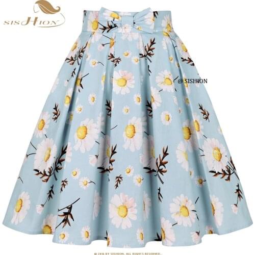 SISHION Plus Size Y2K Jupe Pleated Skirts SS0012 50s Vintage Cotton Floral Daisy Printed Light Blue Summer Skirt with Pockets