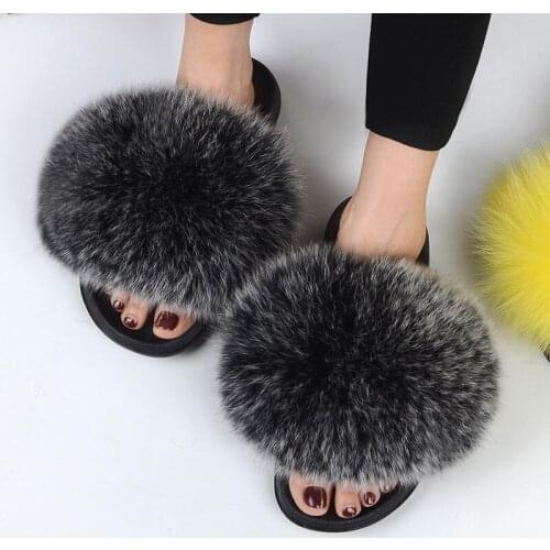 Solid Real Fox Hair Slides Women Summer Casual Fur Slippers Flat Non-slip Large Size Slippers Free Shipping Women Shoes Woman