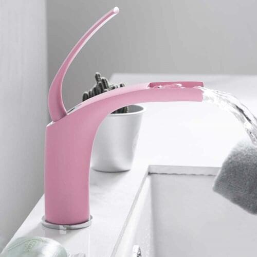 Bathroom Water Tap Basin Faucets Single Handle Waterfall Faucet Pink Bathroom Sink Faucet Basin Mixer Taps Brass Deck Mounted