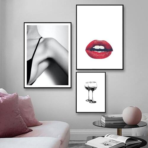 Modern Bad Girls Lip Fashion Style Black Wine Glasses Canvas Painting Art Print Poster Picture Wall Living Room Home Decor