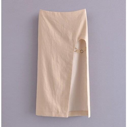 Za home new summer womens opening design flax skirt high waist in the long skirt