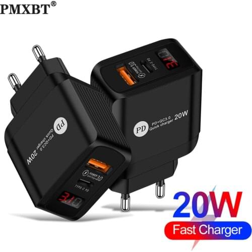 PD 20W USB Type C Charger QC3.0 Fast Charging For iphone Xiaomi Huawei Mobile Phone Digital Display EU US UK plug Adapter Wall