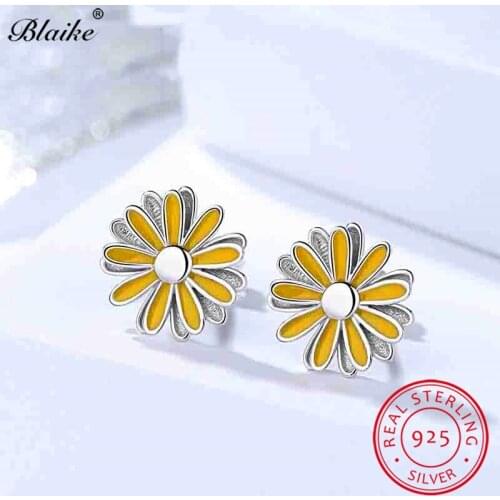 Blaike Trendy Cute Daisy Stud Earrings For Women Real S925 Sterling Silver Yellow Sunflower Studs Bridal Wedding Jewelry Gifts