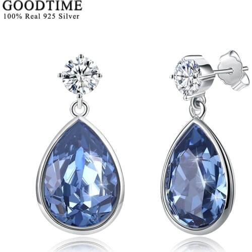 925 Silver Earrings For Women Blue Crystals Water-Drop Shape Earrings S925 Sterling Silver Jewelry Wedding Stud Earrings Gifts