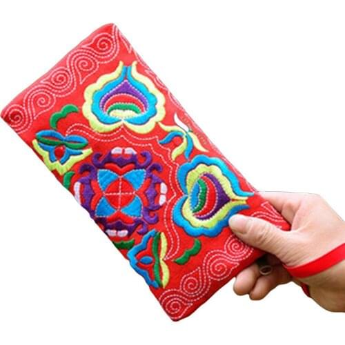 Women Ethnic Handmade Embroidered Wristlet Clutch Bag Zipper Purse Long Wallet