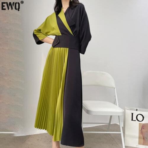 [EWQ] Korea Chic Temperament Trendy Women Lapel Stitching Contrast Color Waist Loose Fashion Pleated Dress Summer 2021 16E1088