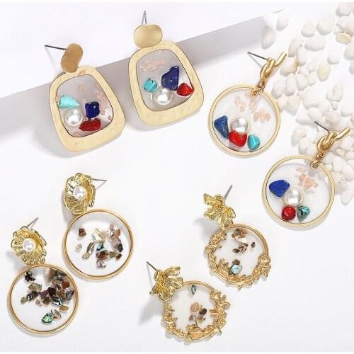 Bohemia Transparent Natural Shell Resin Drop Earrings Round Stone Simulated Pearl Earrings For Women Summer Party Jewelry