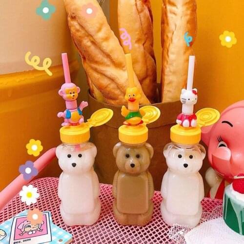 Kawaii Bear Clear Plastic Water Bottles Cute Cartoon Transparent Bottle With Straw Creative Portable Student Kids Water Cups