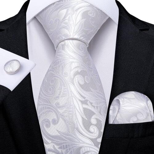 DiBanGu Men Necktie White Floral Silk Wedding Tie For Men New Design Tie Hanky Cufflink Set Business Party Dropshipping MJ-1163