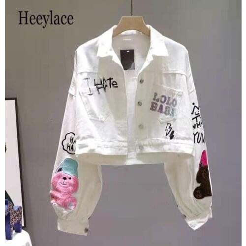 Denim Jacket White Women 2021 New Long Sleeve Turn Down Collar Diamond Design Fashion Female Cartoon Denim Coats
