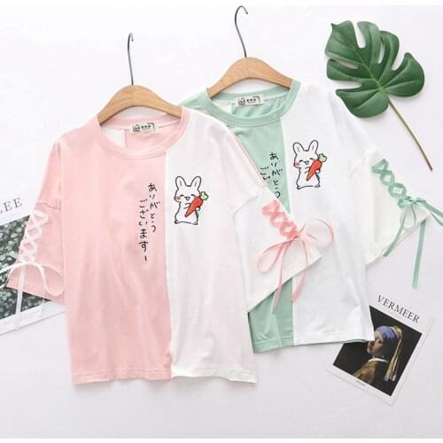 Japanese Summer Cartoon Printed Short Sleeved T-shirt Women Patchwork Sweet Loose Mori Girl Female Tops Tees U243
